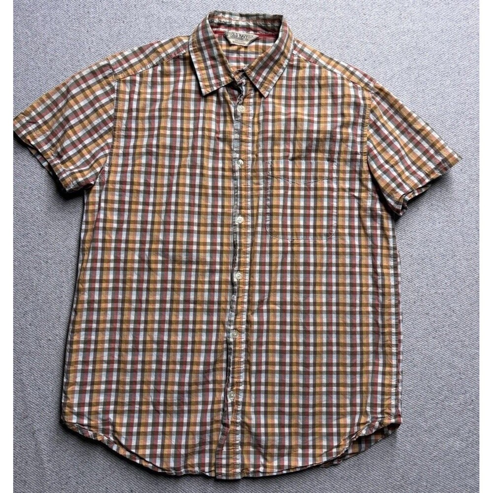 Old Navy Men’s Size M Plaid Button-Down Shirt - 100% Cotton - Earth Tones